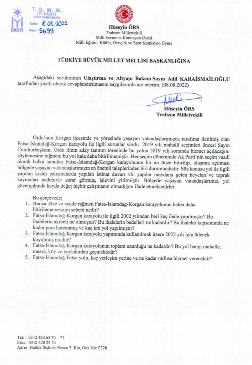 Fatsa - Korgan - İslamdağ yolunun akıbetini Trabzon milletvekili sordu!